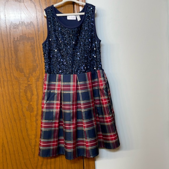 CHILDRENS PLACE UEC Girls Large (10/12) Blue Sequin Holiday Dress Plaid Skirt - Picture 3 of 14